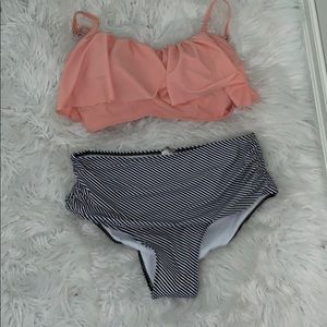 Bikini, high-rise bottoms, ruffled top